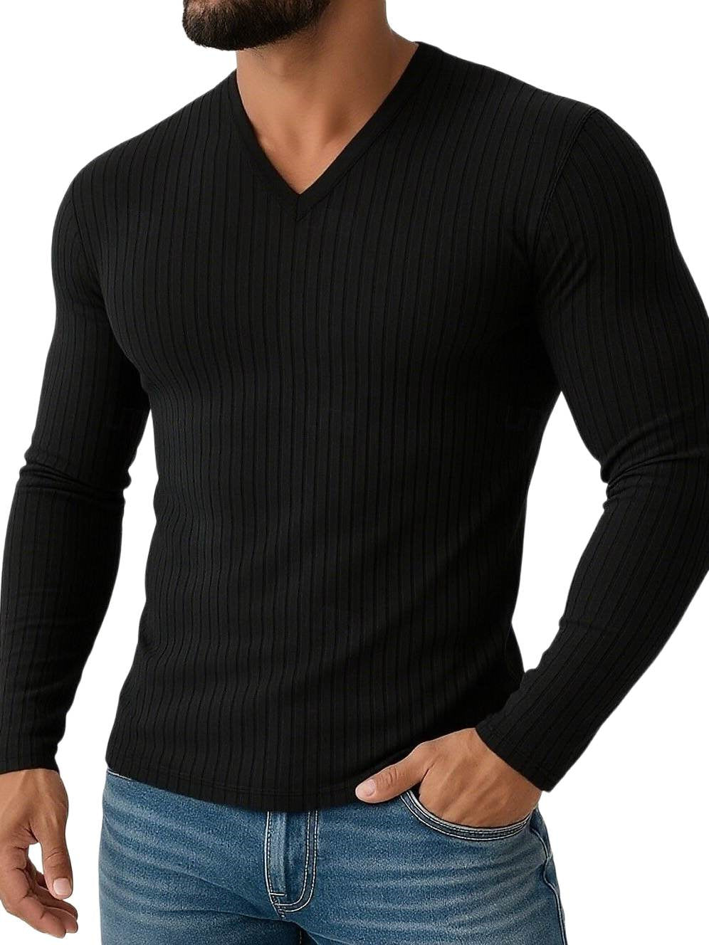 Men's Shirt Stretchy Slim Fit V Neck Solid Color Long Sleeves Shirt