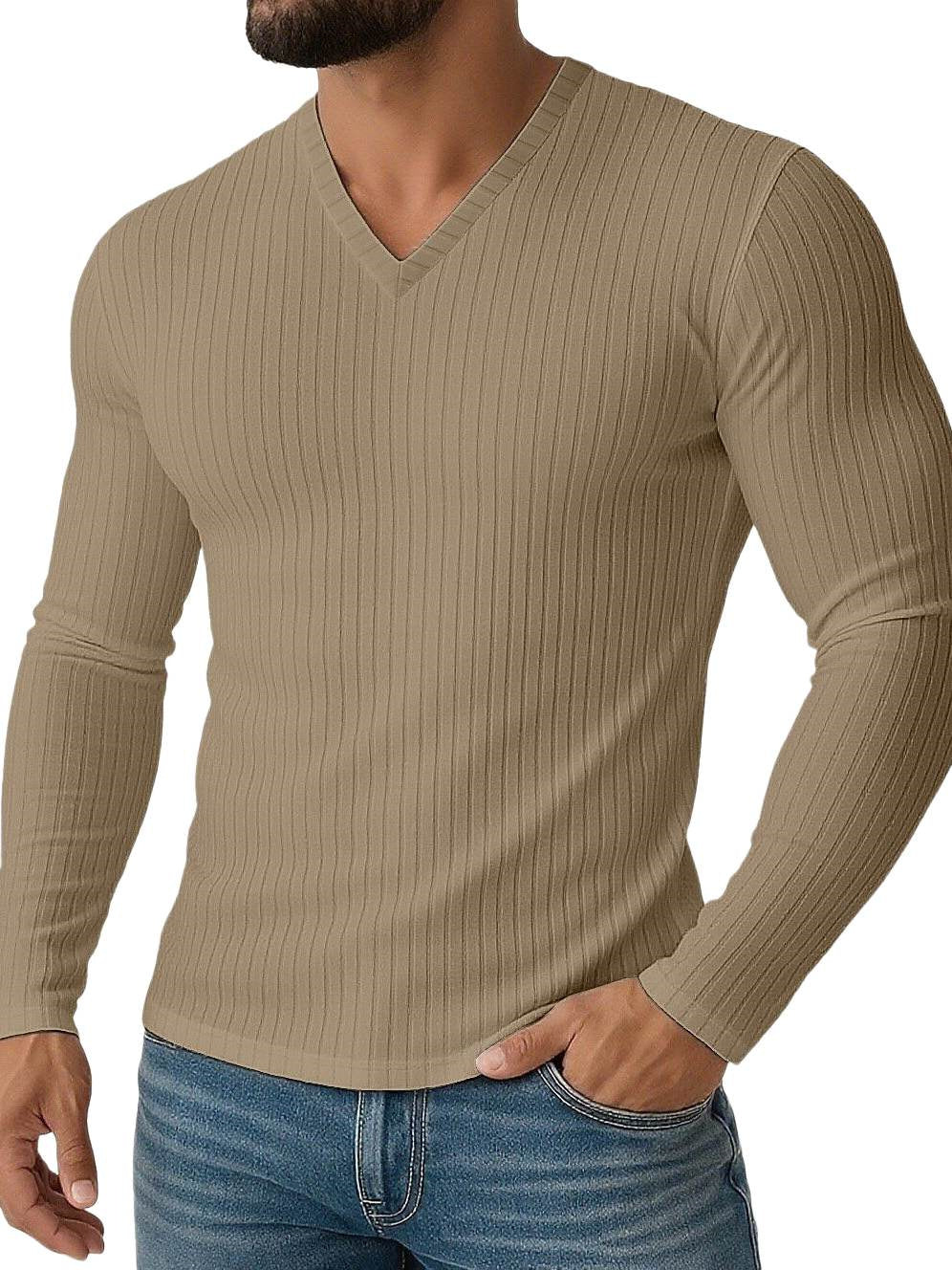 Men's Shirt Stretchy Slim Fit V Neck Solid Color Long Sleeves Shirt