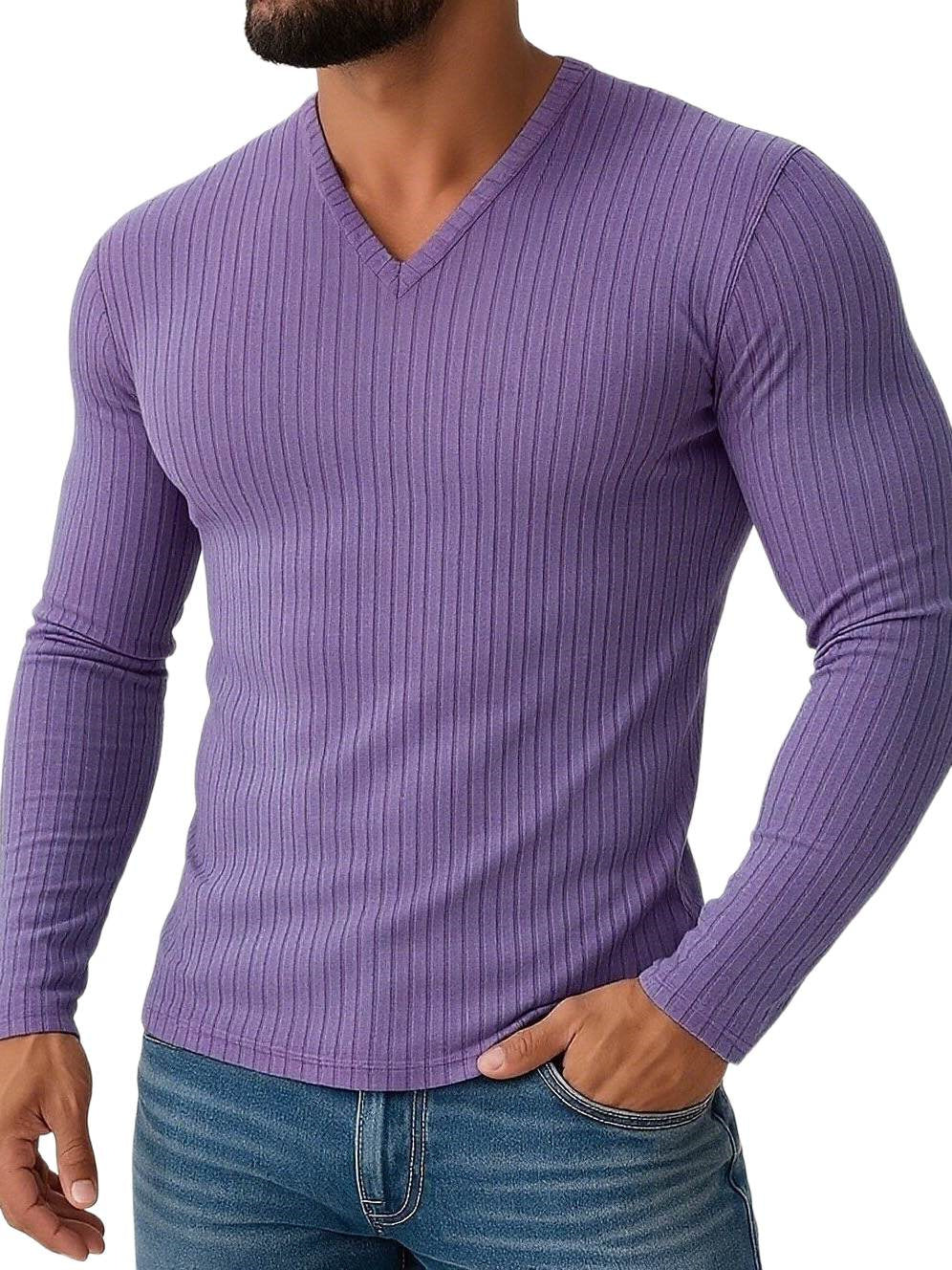 Men's Shirt Stretchy Slim Fit V Neck Solid Color Long Sleeves Shirt