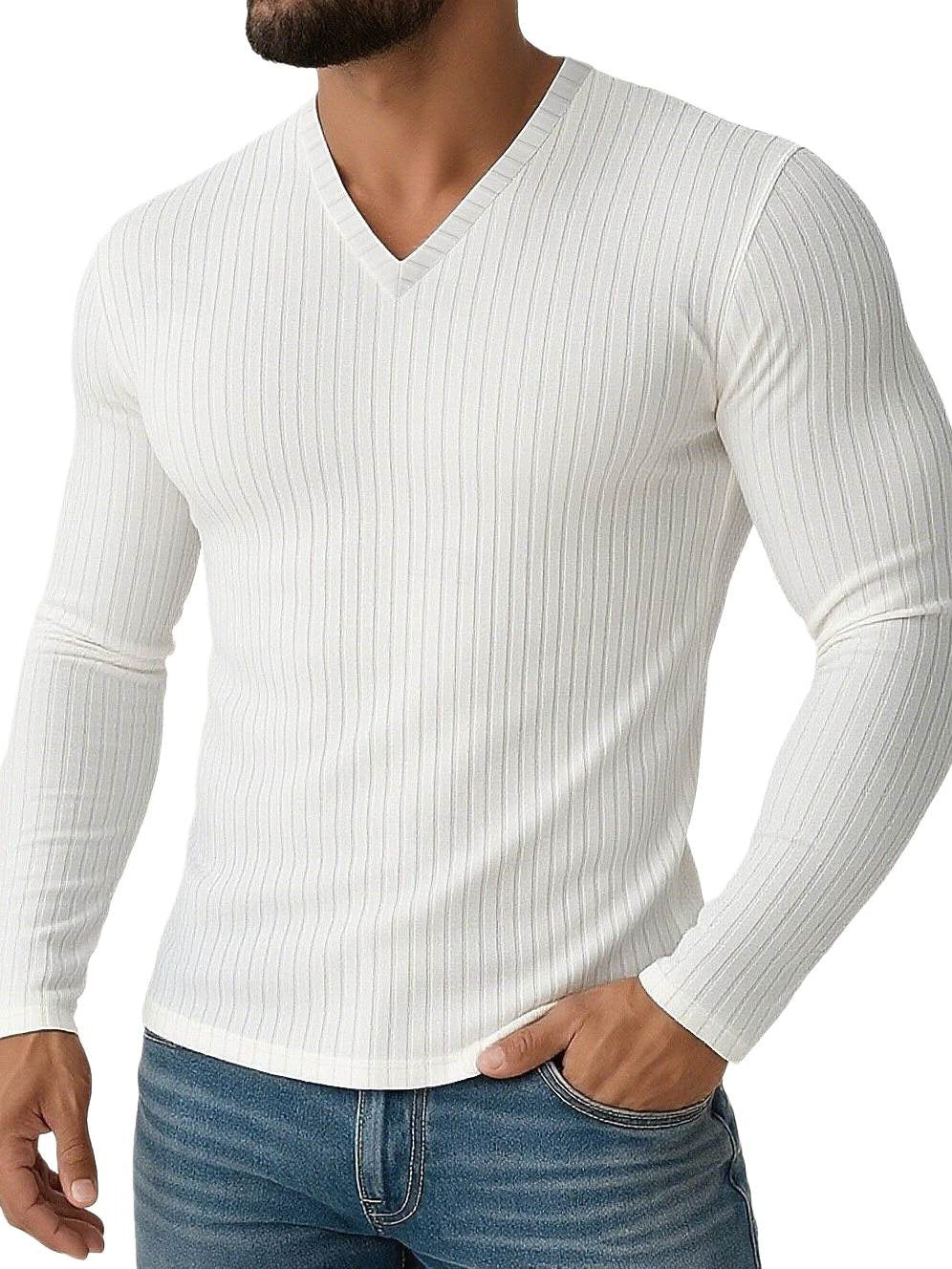 Men's Shirt Stretchy Slim Fit V Neck Solid Color Long Sleeves Shirt