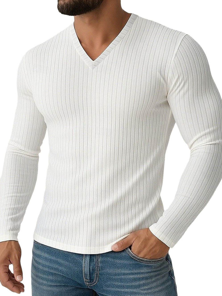 Men's Shirt Stretchy Slim Fit V Neck Solid Color Long Sleeves Shirt