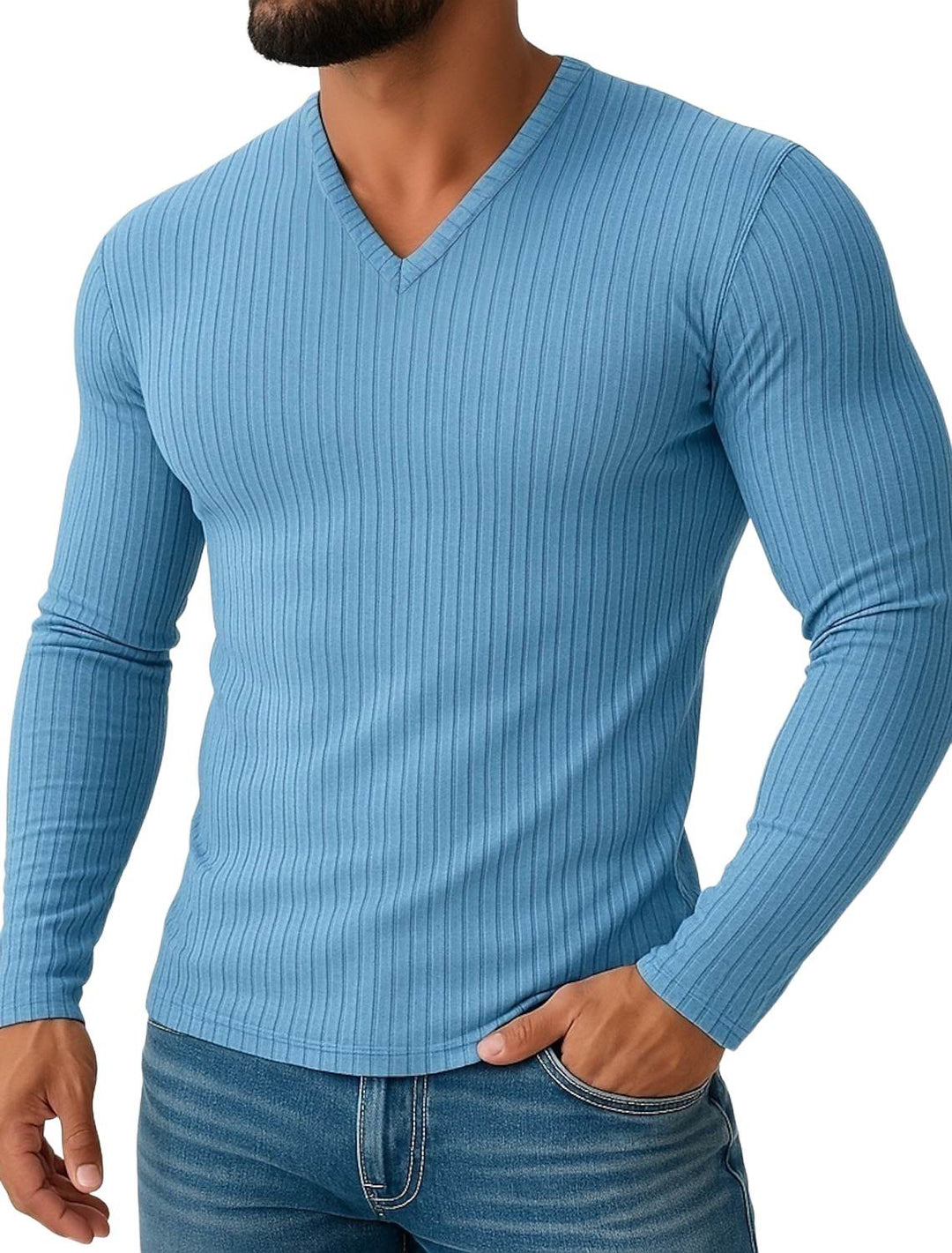 Men's Shirt Stretchy Slim Fit V Neck Solid Color Long Sleeves Shirt