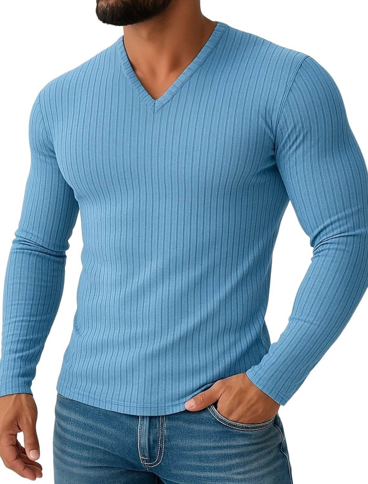 Men's Shirt Stretchy Slim Fit V Neck Solid Color Long Sleeves Shirt