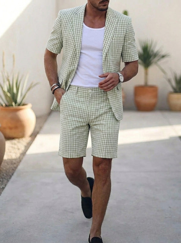 Men's Single Breasted Two-Buttons 2 Pieces Plaid Suits Short Sleeves