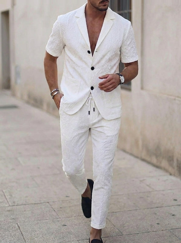 Men's Single Breasted Three-Buttons 2 Pieces Solid Color Suits Short Sleeves