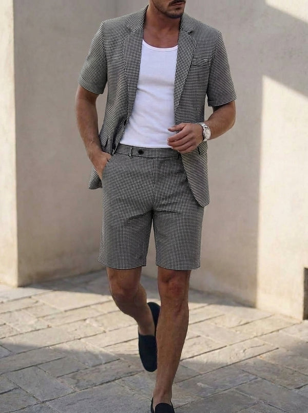 Men's Single Breasted Two-Buttons 2 Pieces Plaid Suits Short Sleeves