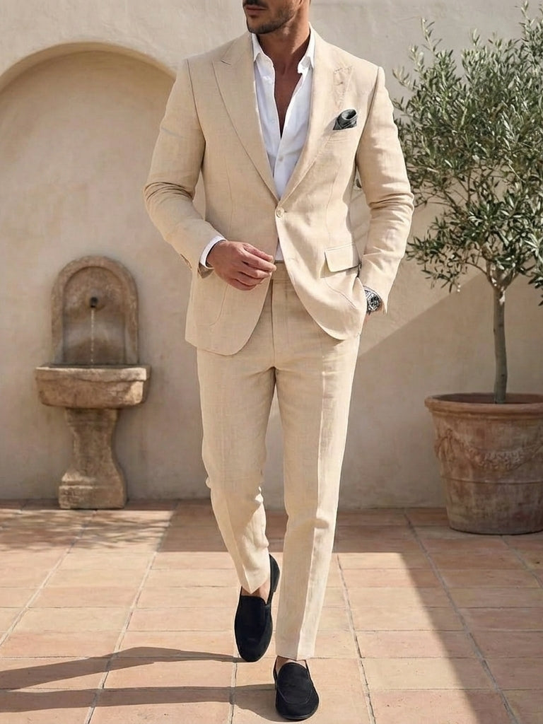 Men's Single Breasted One-Button 2 Pieces Linen Solid Color Suits Long Sleeves