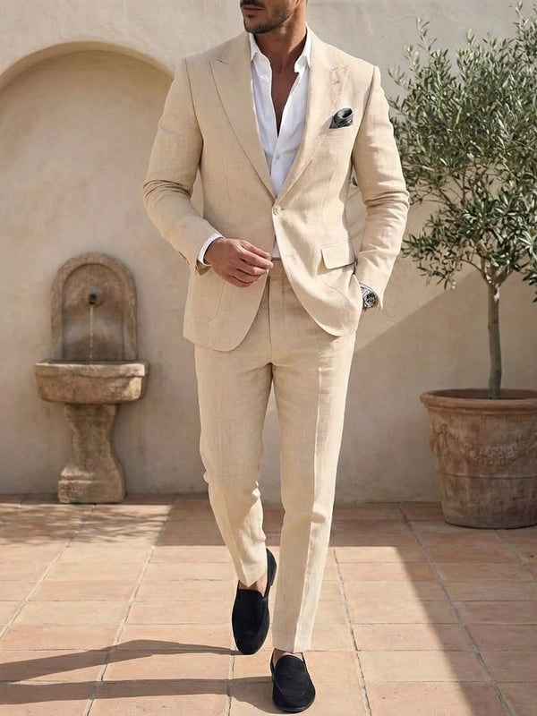 Men's Single Breasted One-Button 2 Pieces Linen Solid Color Suits Long Sleeves