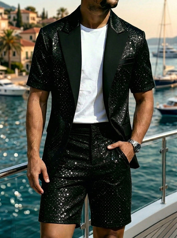 Men's Single Breasted One-Button 2 Pieces Sequin Suit Short Sleeves