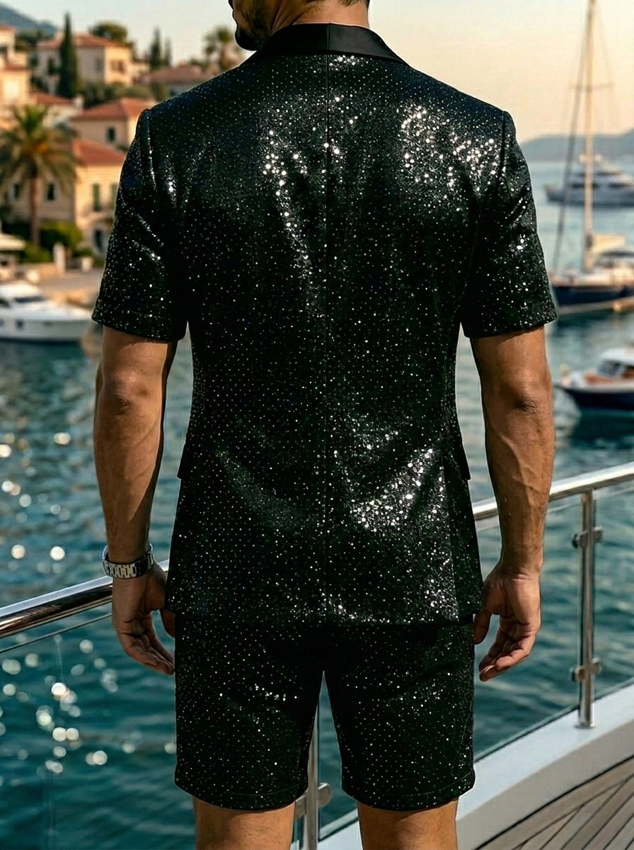 Men's Single Breasted One-Button 2 Pieces Sequin Suit Short Sleeves