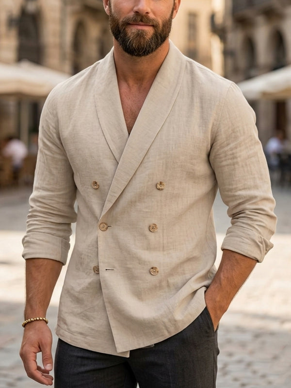 Men's Casual Double-Breasted Cotton and Linen Jacket Six-Buttons Long Sleeves