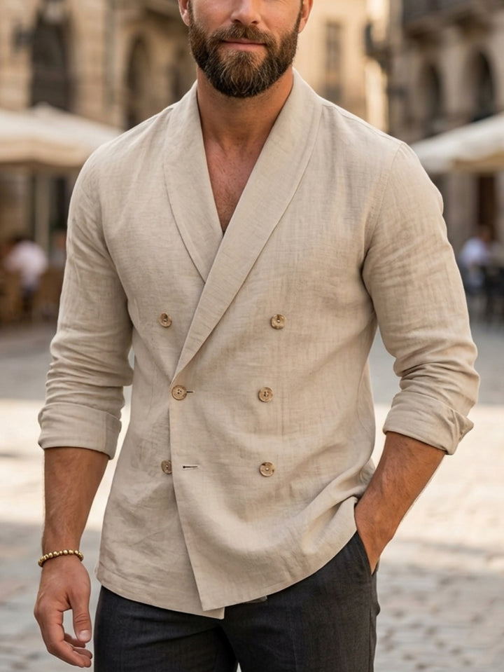 Men's Casual Double-Breasted Cotton and Linen Jacket Six-Buttons Long Sleeves