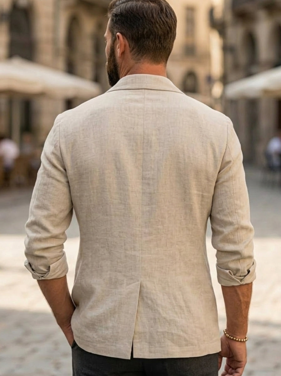 Men's Casual Double-Breasted Cotton and Linen Jacket Six-Buttons Long Sleeves