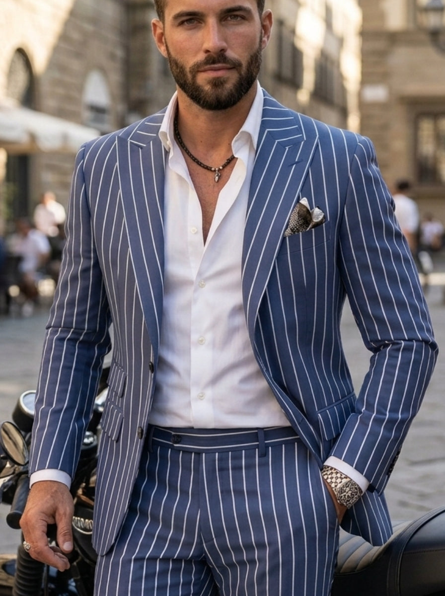 Men's Casual Single-Breasted Striped Print Suit Two-Buttons Long Sleeves Jacket