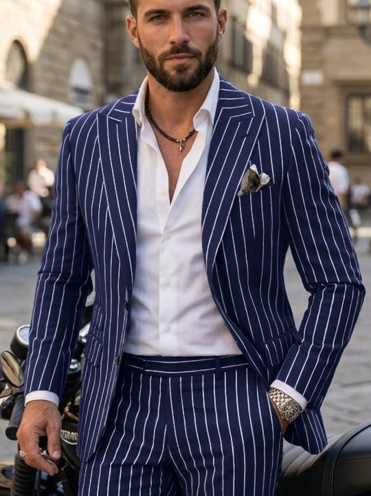 Men's Casual Single-Breasted Striped Print Suit Two-Buttons Long Sleeves Jacket