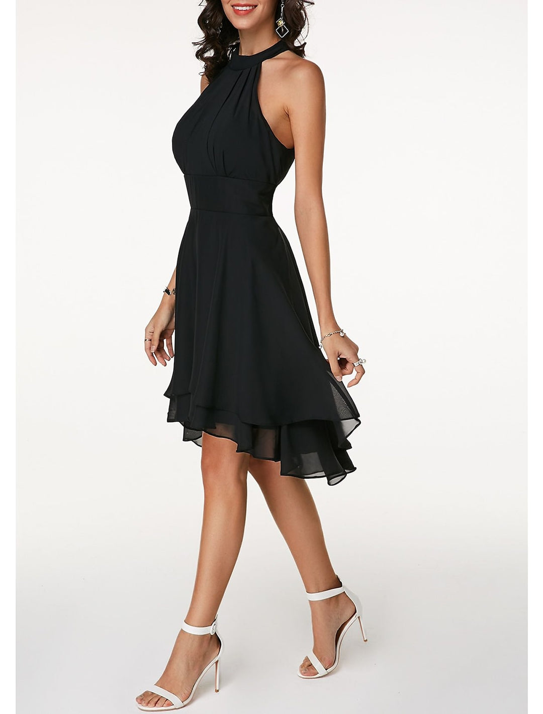 Black Wedding Guest Dress 2026 Halter Neck A Line Chiffon Formal Party Mini Dress with Ruffle Hem, S / Black Black Wedding Guest Dress 2026 Halter Neck A Line Chiffon Formal Party Mini Dress with Ruffle Hem, S / Black