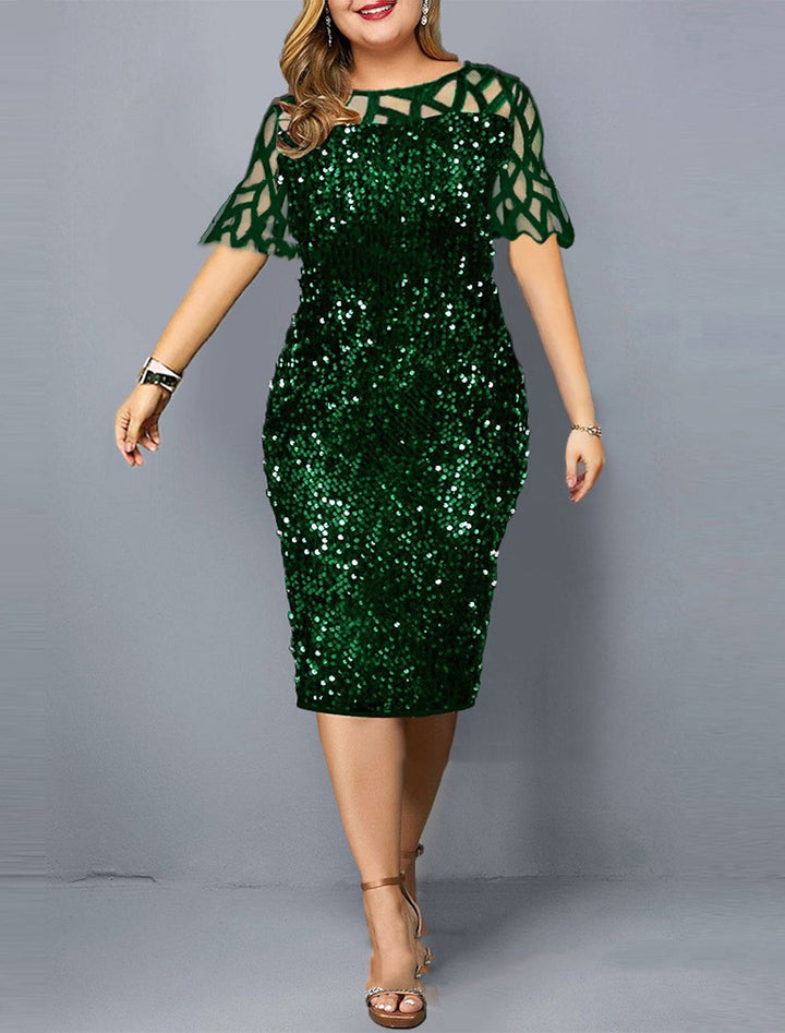 Sheath/Column Round Neck Plus Size Knee-Length Half Sleeves Wedding Guest Dresses with Sequins
