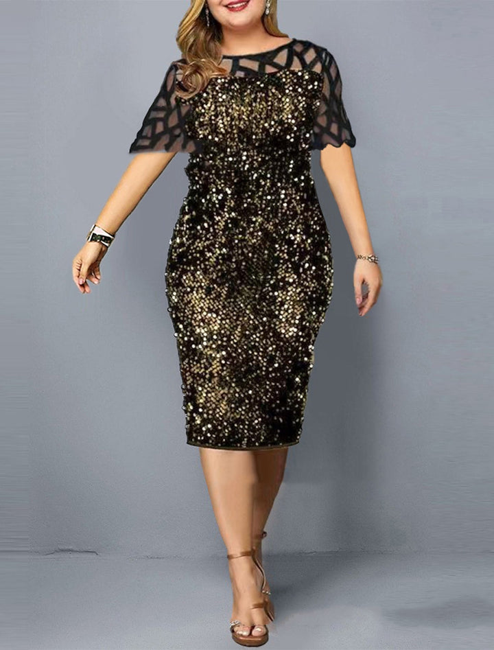 Sheath/Column Round Neck Plus Size Knee-Length Half Sleeves Wedding Guest Dresses with Sequins