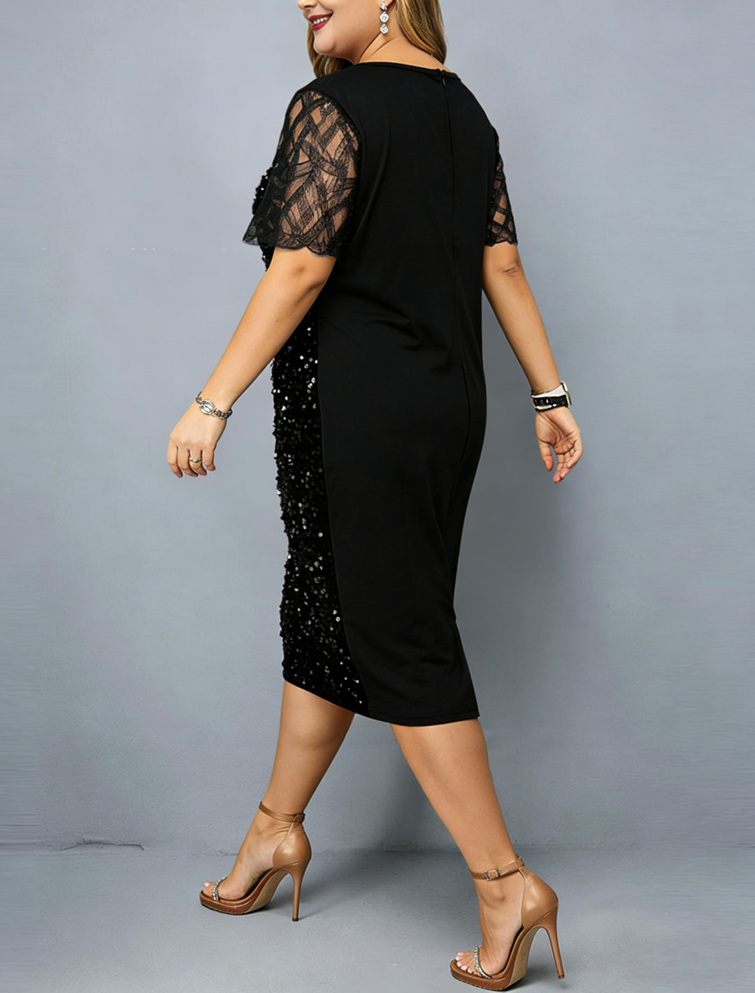 Sequins Formal Wedding Guest Plus Size Round Neck Cocktail Dress Sheath/Column Knee-Length Half Sleeves