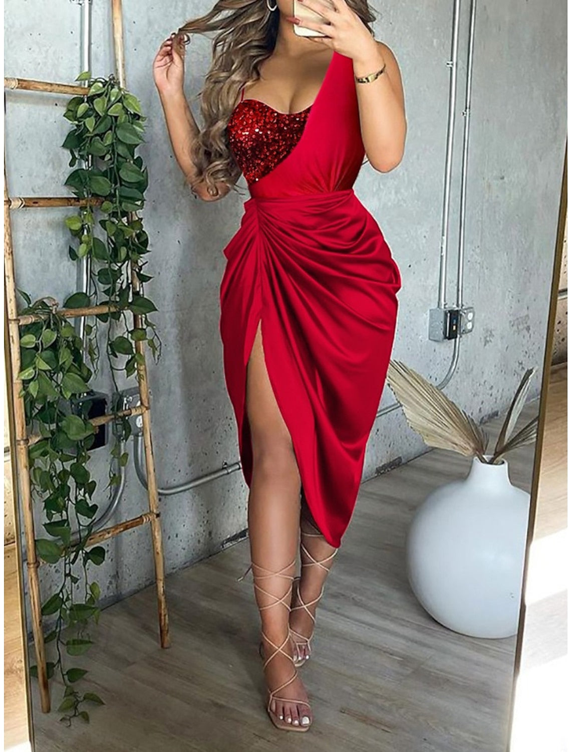 Red Wedding Guest Dress 2026 One Shoulder Sequin Bodice Sheath Formal Evening Midi Gown with High Slit, S / Red