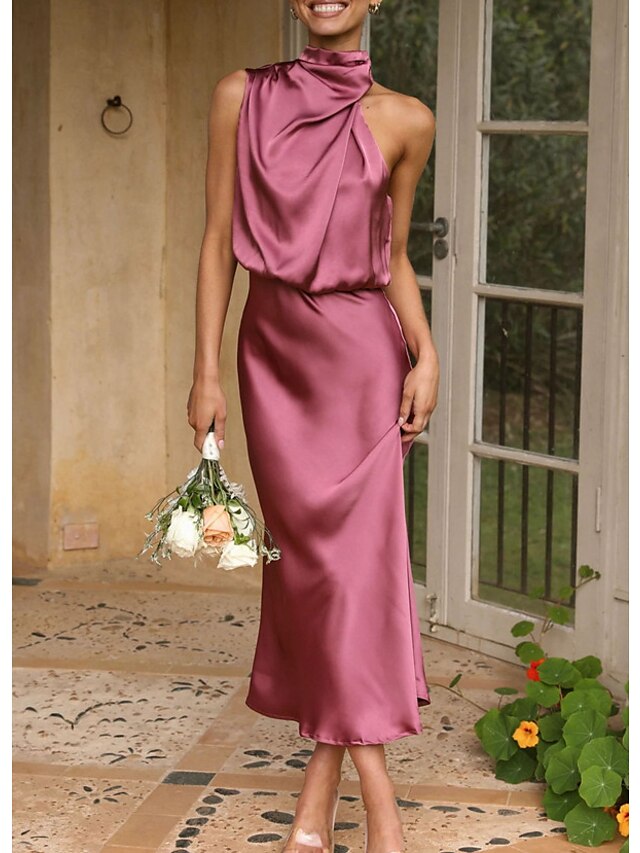 trumpet mermaid high neck dress Dusty Rose Wedding Guest Dress 2026 High Neck Satin Sheath Formal Midi Evening Gown with Draped Bodice, S / Purple