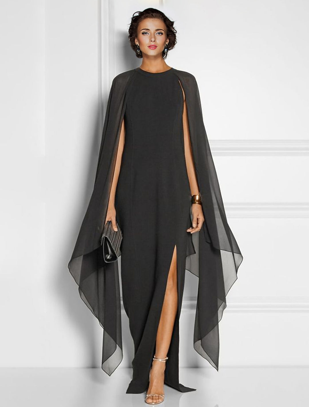Black Wedding Guest Dress 2026 Elegant Cape Sleeve High Slit Formal Evening Maxi Gown, S / Black Black Wedding Guest Dress 2026 Elegant Cape Sleeve High Slit Formal Evening Maxi Gown, S / Black