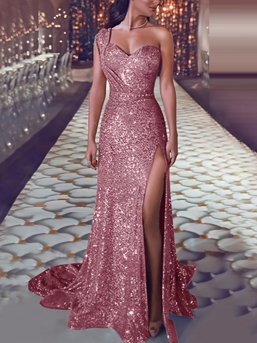 Sheath/Column One-Shoulder Evening Dresses Floor-length Long Sequins Formal Prom With Split Side Dusty Rose Sheath/Column One-Shoulder Evening Dresses Floor-length Long Sequins Formal Prom With Split Side Dusty Rose