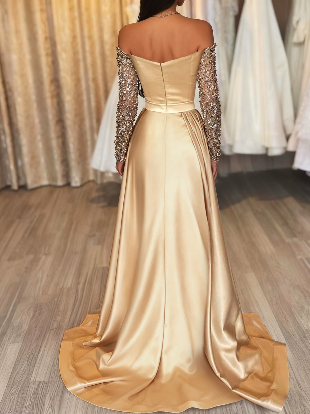 Sheath/Column Off-the-Shoulder Evening Dresses Satin Floor-length Long With Split Side Sequins