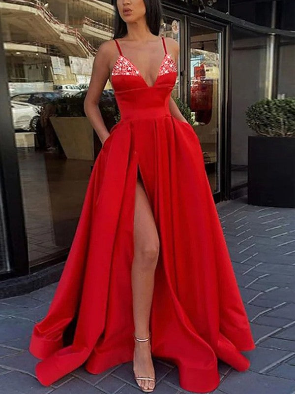 A-Line/Princess V-Neck Spaghetti Straps Long Prom Dresses With Split Side & Sequins