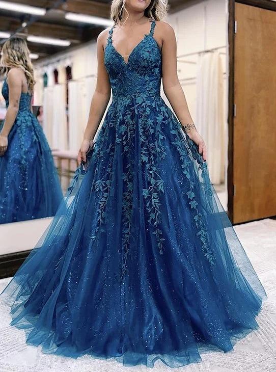Sparkly Tulle Prom Dresses Women's A-Line/Princess Appliques Spaghetti Straps Floor-length Long Formal Evening Dress Ball Gowns Ocean Bluean, Ocean Sparkly Tulle Prom Dresses Women's A-Line/Princess Appliques Spaghetti Straps Floor-length Long Formal Evening Dress Ball Gowns Ocean Bluean, Ocean