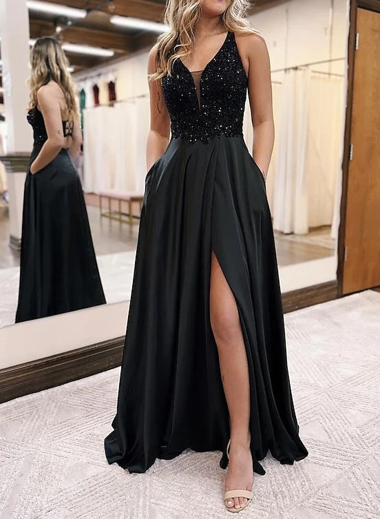 Black Sparkly Bodice Evening Maxi Dress 2026 Sleeveless A Line Formal Prom Gown with High Slit and Pockets for Wedding Guest, Black