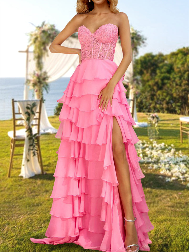 A-Line/Princess Strapless Long Prom Evening Party Dresses with Sequins & Split Side