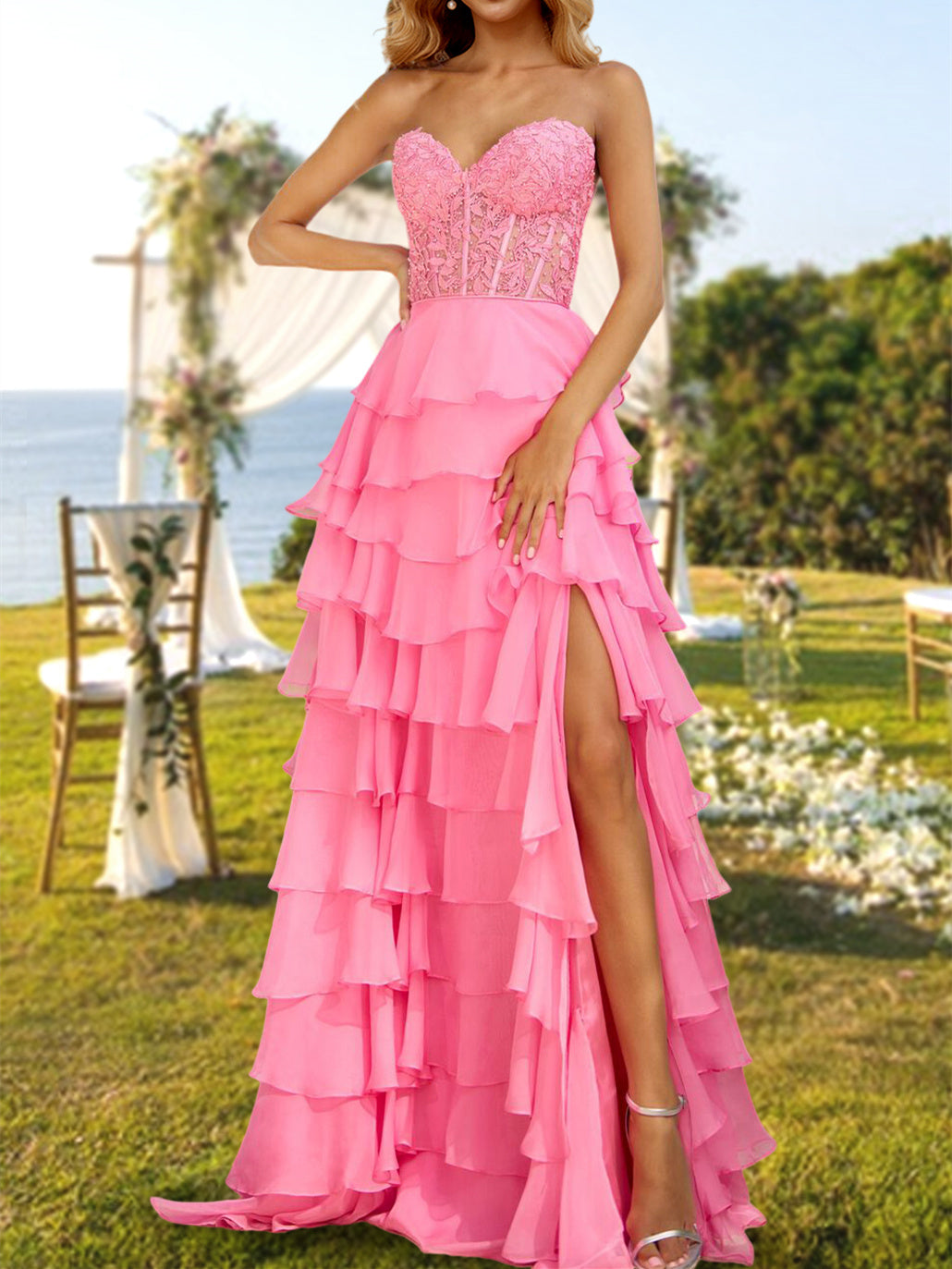 Tired Prom Dresses 2026 Women's A-Line/Princess Strapless Long Prom Evening Party Dresses with Sequins & Split Side, Pink