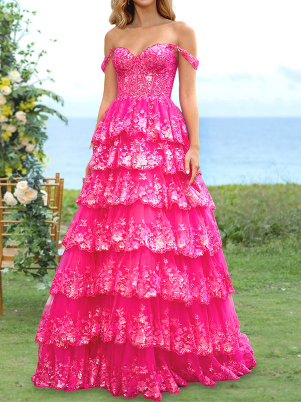 A-Line/Princess Sweetheart Off-the-Shoulder Prom Dresses Evening Party Floral with Sequins & Ruffles