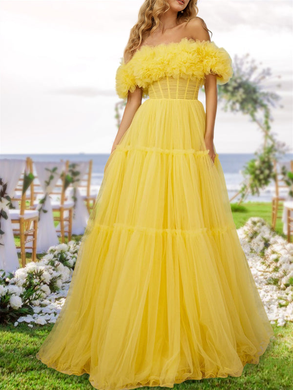 A-Line/Princess Off-the-Shoulder Prom Dresses Tulle Evening Party Dress with Ruffles