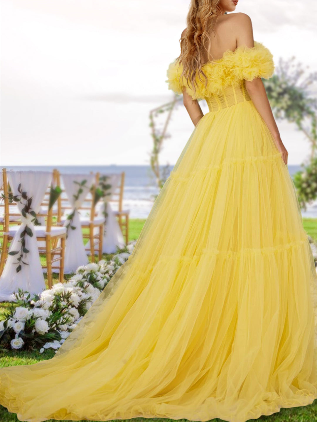 Multi Tulle Prom Dresses Yellow 2026 Women's A-Line/Princess Off-the-Shoulder Formal Evening Party Ball Gowns with Ruffles, Yellow Multi Tulle Prom Dresses Yellow 2026 Women's A-Line/Princess Off-the-Shoulder Formal Evening Party Ball Gowns with Ruffles, Yellow