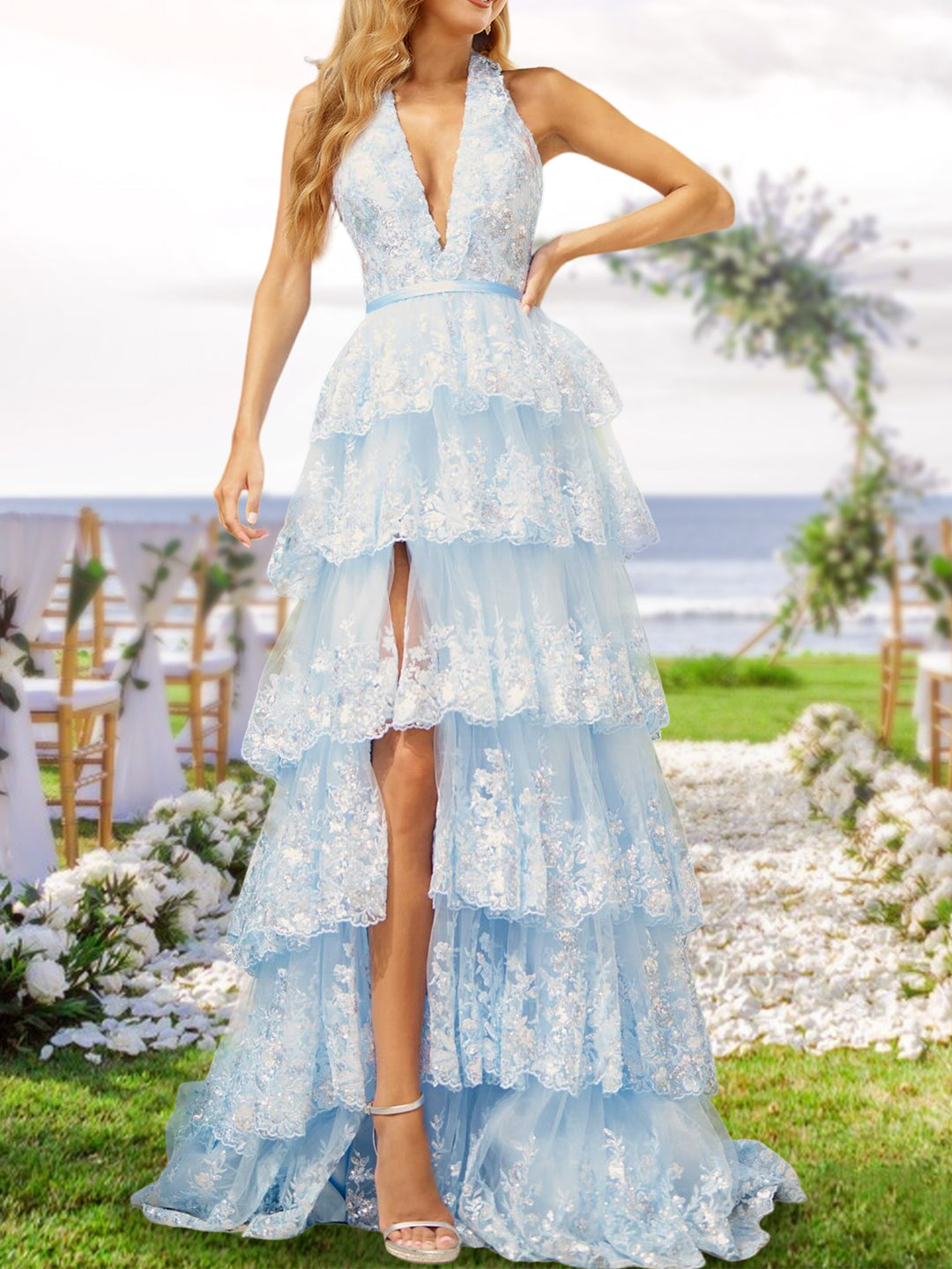 A-Line/Princess Halter V-Neck Long Tiered Prom Evening Party Dresses with Sequins & Split Side