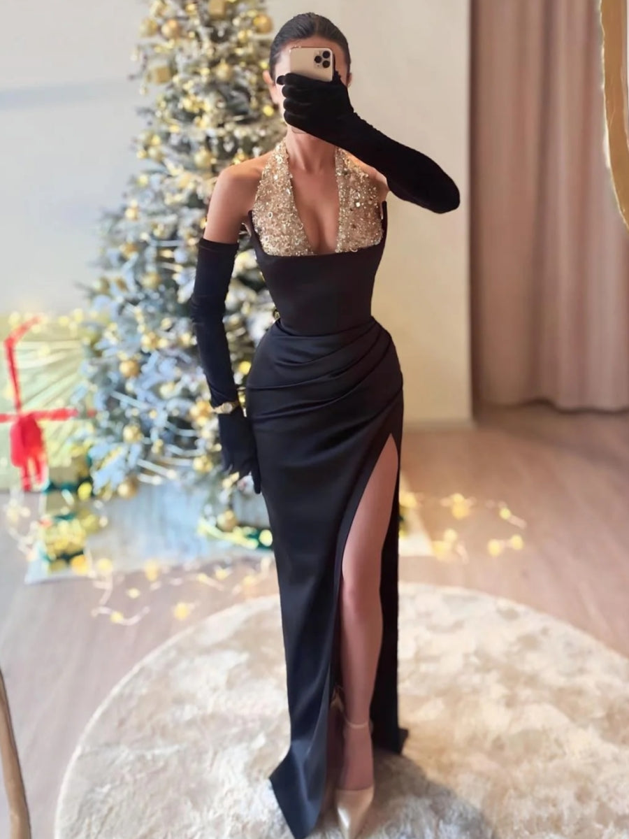 Halter Formal Guest Dresses Black 2026 Sheath/Column Floor-Length Elegant Women's Satin Prom Dress, Black