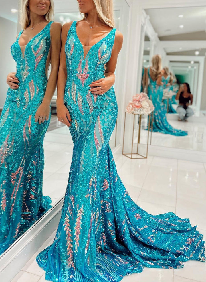 Trumpet/Mermaid V-Neck Sleeveless Floor-length Long Prom Dresses with Sequins & Ruffles