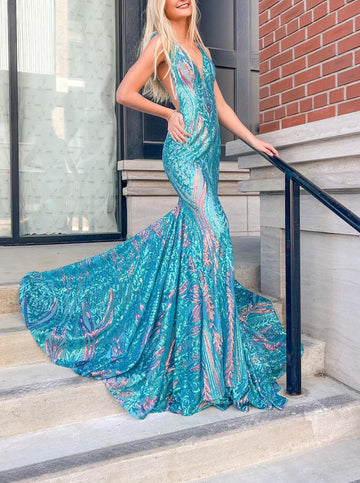 Trumpet/Mermaid Halter V-Neck Floor-Length Long Prom Dresses with Split Side & Sequins main image 1
