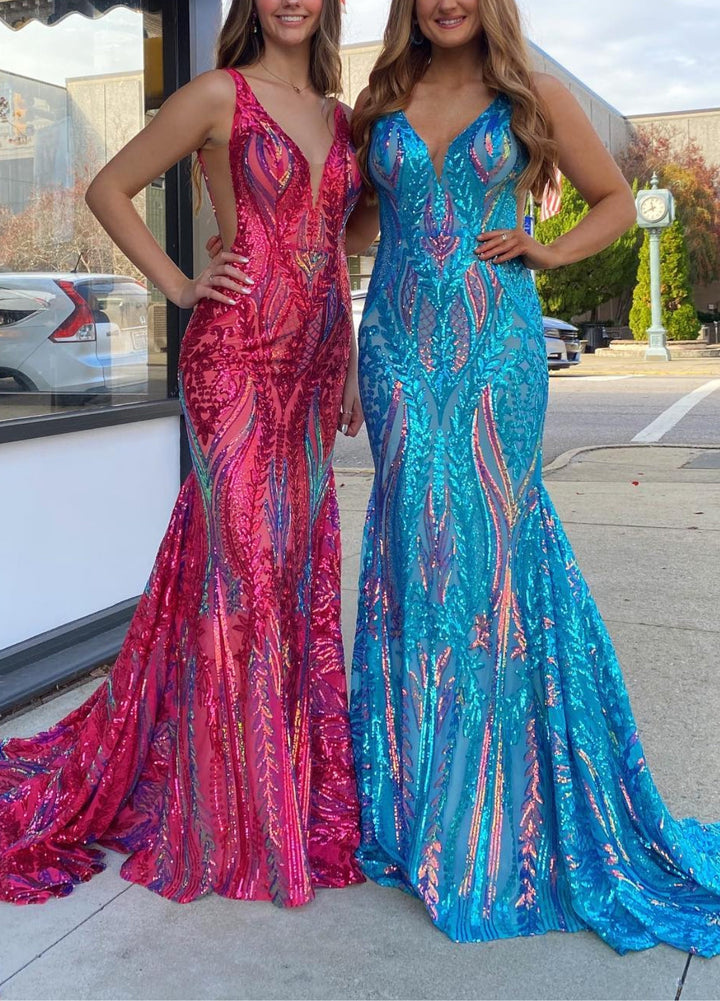 Sparkly Trumpet/Mermaid V-Neck Sleeveless Floor-length Long Prom Dresses with Sequins