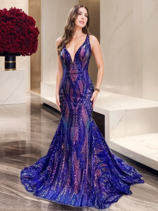 Sparkly Mermaid/Trumpet V Neck Sleeveless Metallic Floor-Length Prom Dress main image 1