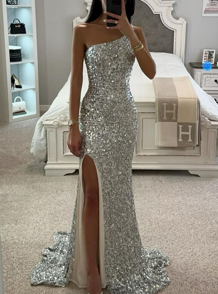 Trumpet/Mermaid One-Shoulder Sleeveless Floor-length Long Prom Dresses with Sequins & Split Side