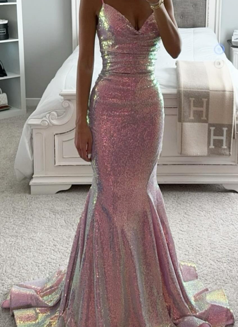 Trumpet/Mermaid Spaghetti Straps V-Neck Sleeveless Floor-length Long Prom Dresses