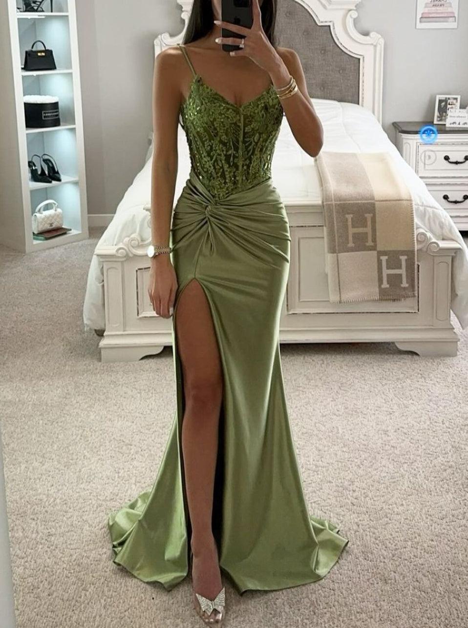 Trumpet/Mermaid Spaghetti Straps V-Neck Sleeveless Floor-length Long Prom Dresses with Split Side