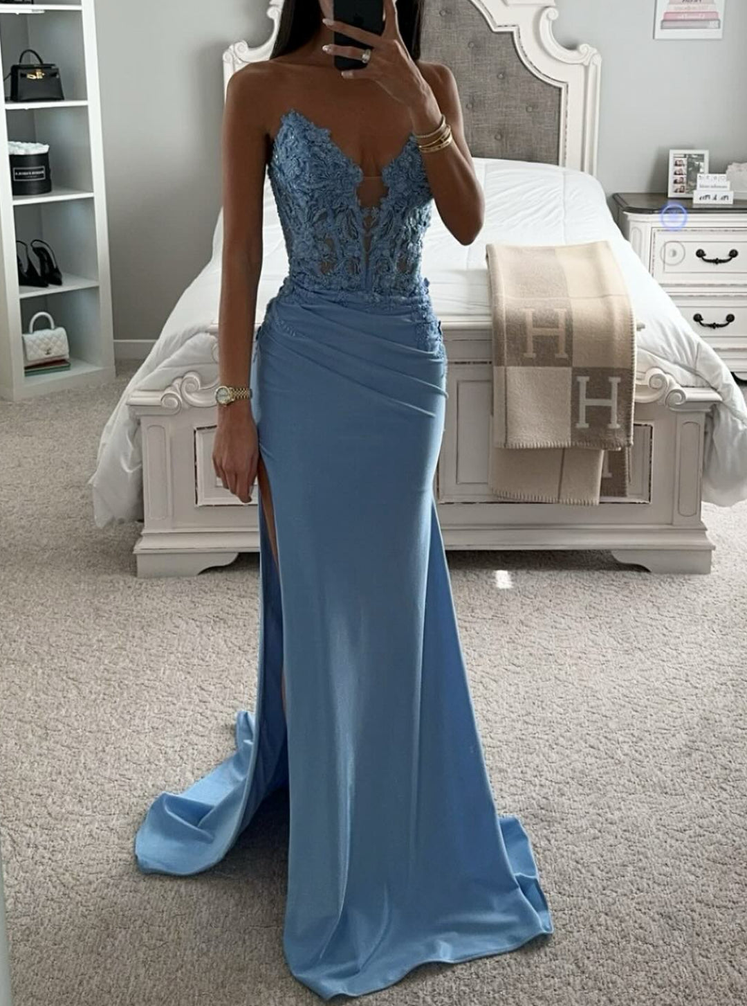 Trumpet/Mermaid Lace Strapless Sleeveless Floor-length Long Prom Floral Dresses with Split Side