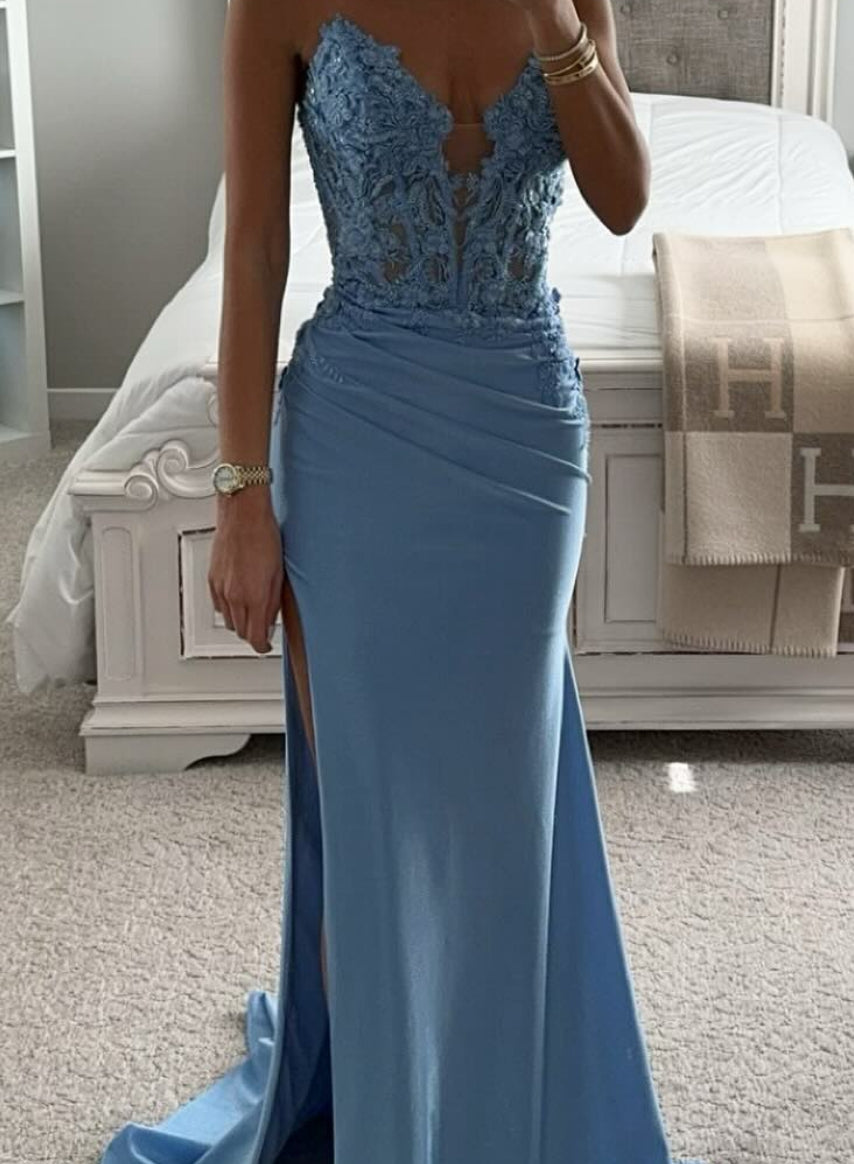 Trumpet/Mermaid Lace Strapless Sleeveless Floor-length Long Prom Floral Dresses with Split Side