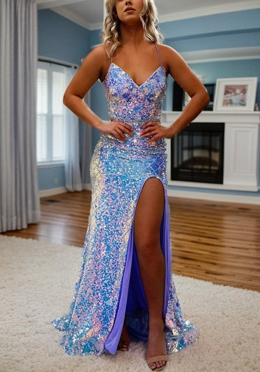 Trumpet/Mermaid Spaghetti Straps V-Neck Sleeveless Floor-length Long Prom Dresses with Split Side