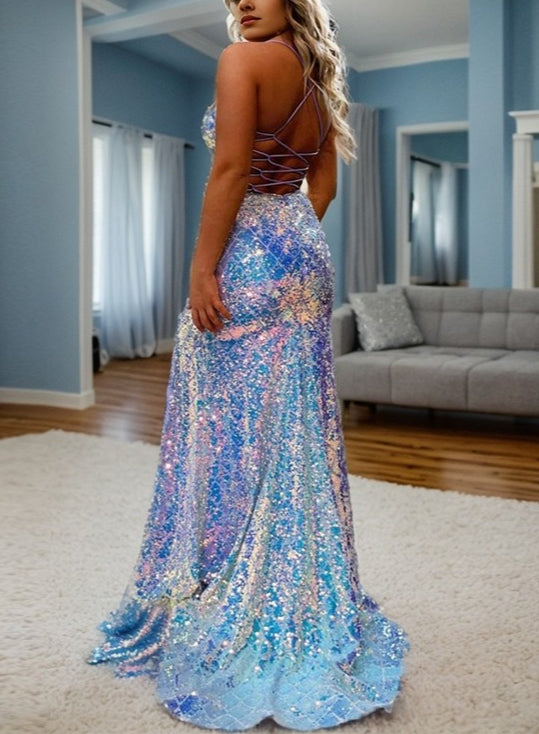 Trumpet/Mermaid Spaghetti Straps V-Neck Sleeveless Floor-length Long Prom Dresses with Split Side