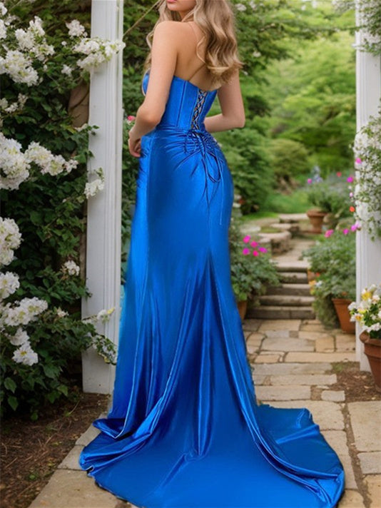 Sheath/Column Strapless Floor-Length Prom Dresses With Split Side